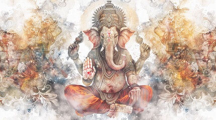 Obraz premium lord Ganesha in divine court surrounded by celestial beings digital watercolor painting on white background.
