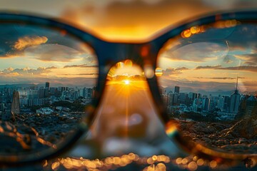 The world through glasses, vision correction concept or lens selection