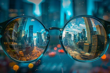 The world through glasses, vision correction concept or lens selection