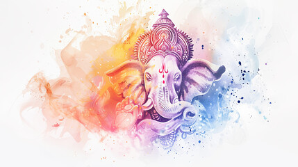 lord Ganesha digital watercolor painting, portraying the lord of intellect with a thoughtful expression on a white background. Perfect for home decor and spiritual art lovers.