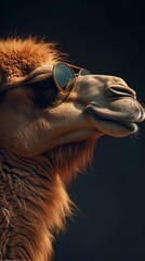 Close-up portrait of a camel wearing sunglasses