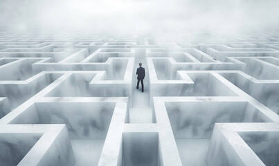 Business challenge. A businessman navigating through a maze.