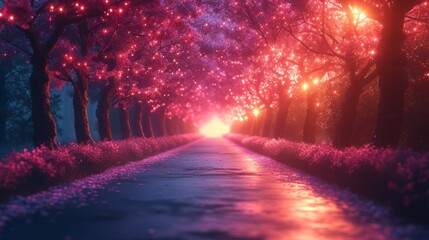 Enchanted alley with illuminated pink trees at twilight
