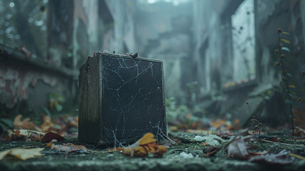 A forgotten Bluetooth speaker covered in dust and cobwebs, against a backdrop of an abandoned...