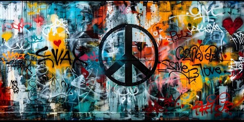 Vibrant urban graffiti collage featuring peace sign, love, and positive messages. Concept Urban Art, Graffiti, Peace Sign, Love, Positive Messages