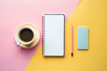 Top view office desk with notepad, pen, coffee cup and smartphone on pastel colorful background