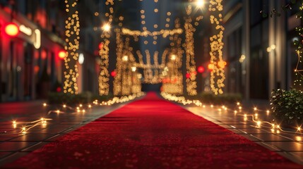 A  red carpet that is lit by candles on either side. The red carpet is surrounded by buildings and...