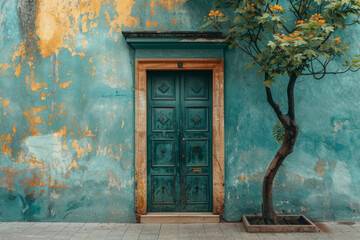 Tree near the doorway of an old house