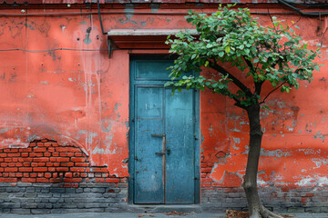 Tree near the door in the wall of an old house