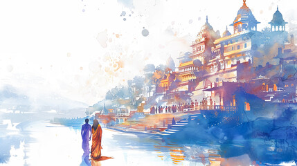 Beautiful digital painting of Lord Rama and Sita exploring Varanasi, a sacred city