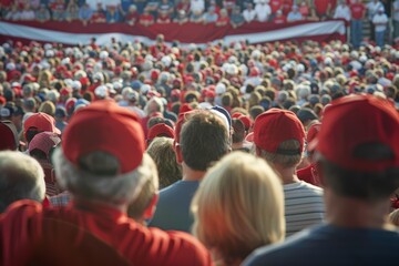 A sea of supporters, prominently wearing red hats, fills a venue during a presidential campaign rally, depicting a scene of political fervor and unity