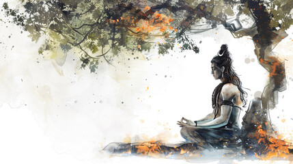 Beautiful digital painting of Lord lord Shiva meditating under a banyan tree
