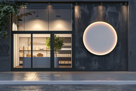 A sleek modern illuminated storefront, featuring a blank circular sign, setting a stage for branding or public advertisements