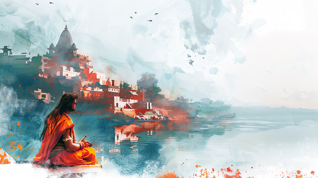 Lord Rama praying by the Ganges River in digital watercolor on a white background perfect for your home decor