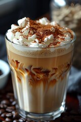 A close up of a cup with whipped cream and coffee beans, AI