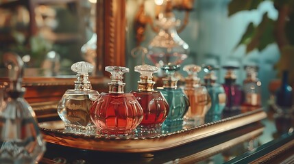 A row of vintage perfume bottles arranged on a mirrored tray, each one holding a unique and...