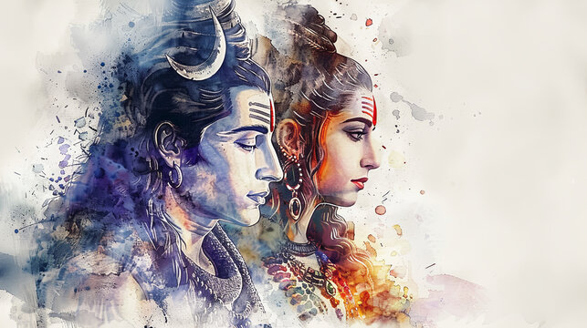 Beautiful digital painting of Lord lord Shiva and Parvati on a white background, perfect for your home decor