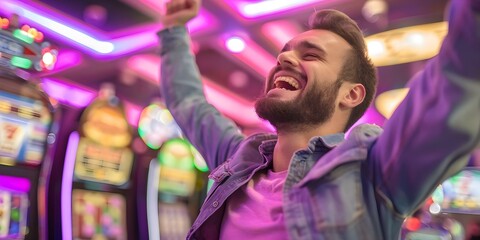 Man celebrates winning jackpot in casino with slot machines in background. Concept Casino Jackpot, Slot Machines, Celebration, Big Win, Excitement