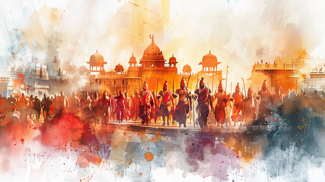 Lord Rama and his victorious army parading through Ayodhya in a stunning digital watercolor painting on a white backdrop.