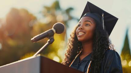 Inspiring African American female graduate speaking at sunset ceremony