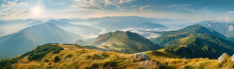 Naklejka premium A panoramic view of the Carpathian Mountains from a cosmetic products advertising photo sunny day with grassy hills in the front and colorful mountains far away in the background Generative AI