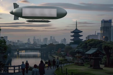Naklejka premium City park setting, with commuters and joggers observing a giant airship featuring a blank billboard against a city skyline