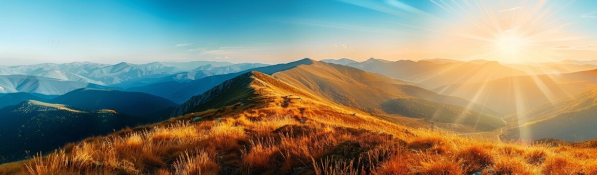 Beautiful panoramic view of the Carpathian mountains with the sun and blue sky, a panorama of the mountain landscape Generative AI