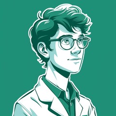 A teenage male biologist illustration style sticker with white outline on a solid forest green background without any shadow or gradient.