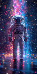 Astronaut standing under bokeh lights
