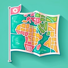 A tour guide's map and flag illustration style with normal colors sticker, white outline on a solid turquoise background, no shadow or gradient.