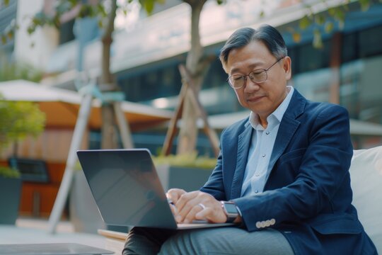 Mature Asian man works on his laptop outdoors, reflecting professionalism and concentration amidst an urban setting