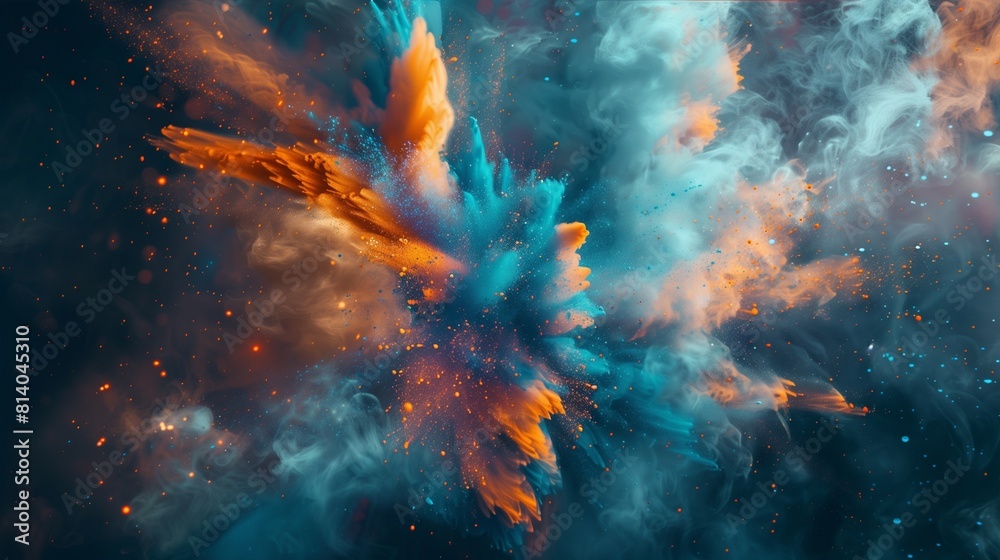 Wall mural an immersive and captivating illustration of abstract blue and orange color powder exploding in a bu