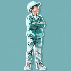 A young engineer illustration style sticker with white outline on a solid aquamarine background without any shadow or gradient.