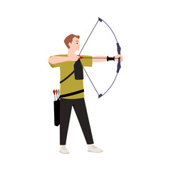 Young professional archer man aims to shoot, vector cartoon archery sport activity, shooter bowman with longbow training