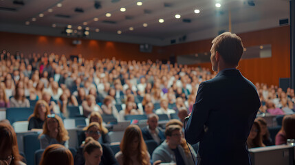 Businessman giving a presentation in a large auditorium.