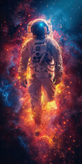 Astronaut emerging from fiery nebula