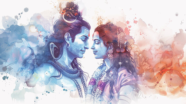 Beautiful digital painting of lord Shiva and Parvati in a heavenly setting perfect for home decor
