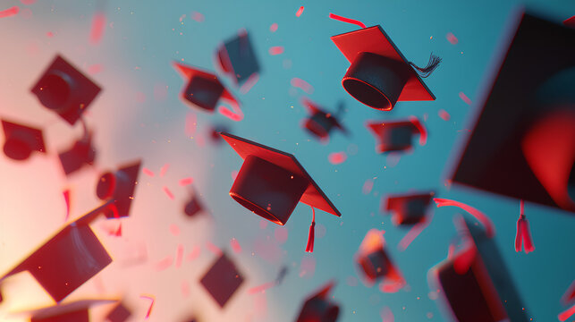 Education concept, graduation ceremony, flying red graduation caps on blue background