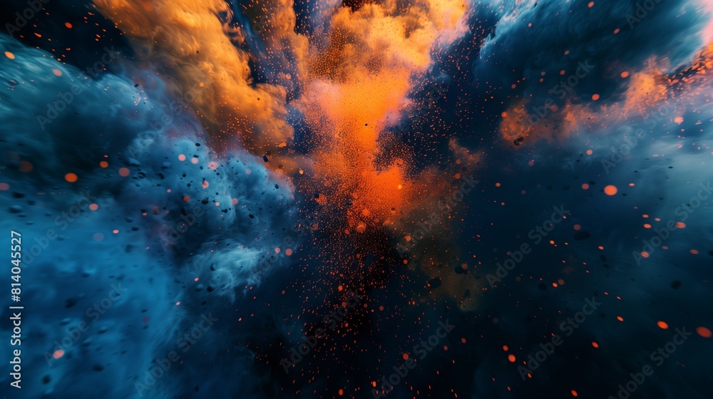 Wall mural an immersive and captivating illustration of abstract blue and orange color powder exploding in a bu