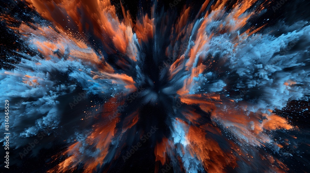 Wall mural an immersive and captivating illustration of abstract blue and orange color powder exploding in a bu