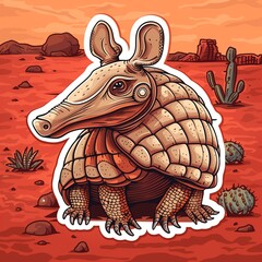 An armadillo illustration in normal colors as a sticker with a white outline on a clay red background without any shadow or gradient.