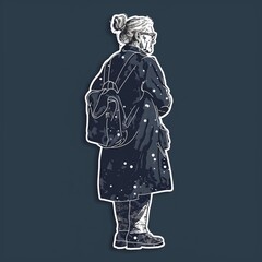 An elderly female astronomer illustration style sticker with white outline on a solid midnight blue background without any shadow or gradient.