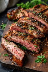 Piece of meat is cut into slices and garnished with parsley