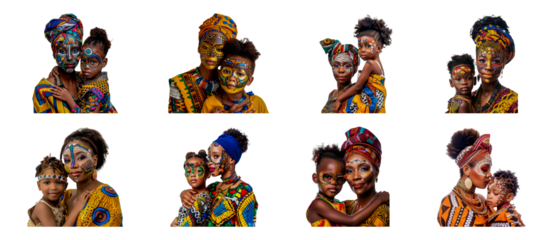 Set of African mom and child portrait with traditional face paint and fashion isolated transparent PNG background