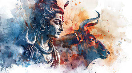 Beautiful digital painting of lord Shiva with Nandi the bull, perfect for home decor and gifts