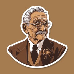 An elderly tailor illustration style sticker with white outline on a solid bronze background without any shadow or gradient.