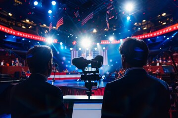 Two journalists observe and record a presidential debate, highlighting the media's crucial role in framing election narratives