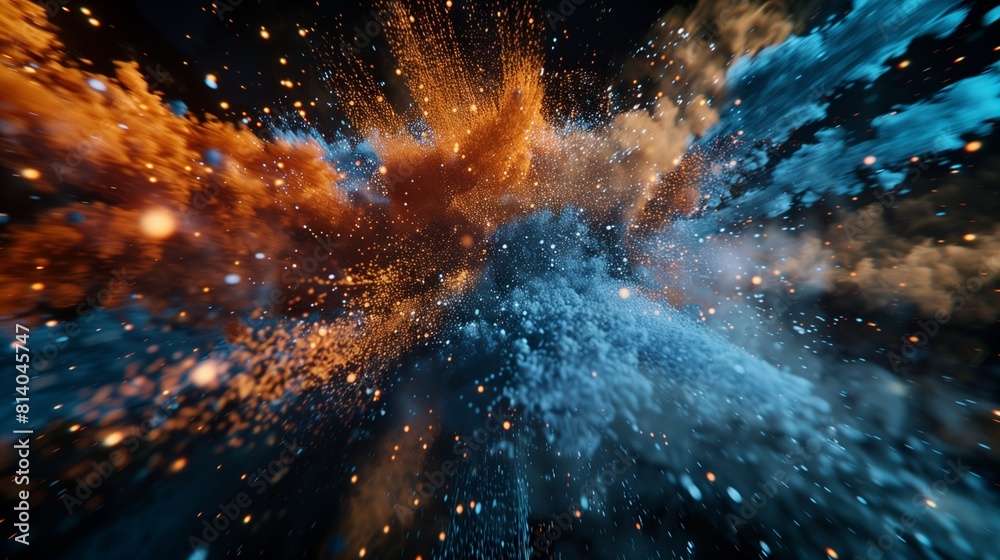 Poster an immersive and captivating illustration of abstract blue and orange color powder exploding in a bu