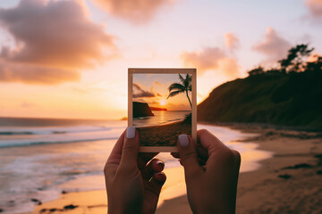Hands presenting a polaroid of ocean sunset