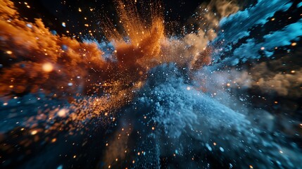 An immersive and captivating illustration of abstract blue and orange color powder exploding in a burst of color on a rich black backdrop